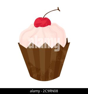 Cupcake o muffin estratti a mano con ciliegia e panna montata. Illustrazione di cartoni animati vettoriali in disegno piano. Elemento per biglietti d'auguri, poster, st Illustrazione Vettoriale