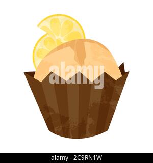 Cupcake o muffin con limone disegnati a mano. Illustrazione di cartoni animati vettoriali in disegno piano. Elemento per biglietti d'auguri, poster, adesivi e stagionale Illustrazione Vettoriale