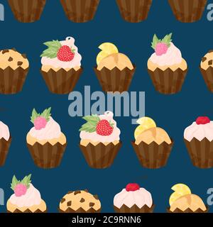 Vari Cupcake e muffin vettoriali motivo senza giunture in stile cartoni piatti. Buon compleanno cupcake con frutta e frutti di bosco sfondo. Carino colorato de Illustrazione Vettoriale