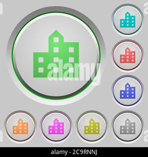 Icone a colori della silhouette cittadina sui pulsanti affondati Illustrazione Vettoriale