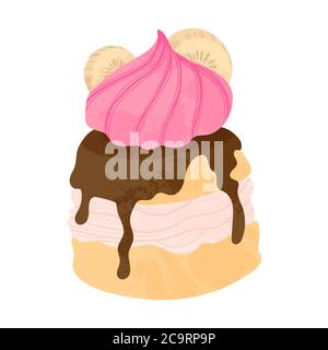 Dessert al cioccolato con panna montata, meringa e frutta a fette di banana. Illustrazione di cartoni animati piatti vettoriali. Torta gustosa con cioccolato, meringa e ba Illustrazione Vettoriale