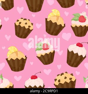 Vari Cupcake e muffin vettoriali motivo senza giunture in stile cartoni piatti. Buon compleanno cupcake sfondo con frutta e frutti di bosco. Carino colorato de Illustrazione Vettoriale