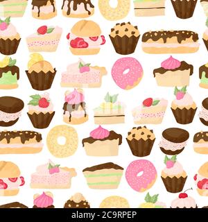 Torta vettoriale senza cuciture con torte, torte, profiterole, muffin, cupcake e leclair con cioccolato, frutta e bacche. Panetteria dolce disegnata a mano Illustrazione Vettoriale