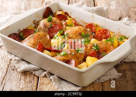 Cosce di pollo cotte al forno con patate novelle, cipolle e salsiccia di chorizo primo piano in una teglia sul tavolo. Orizzontale Foto Stock