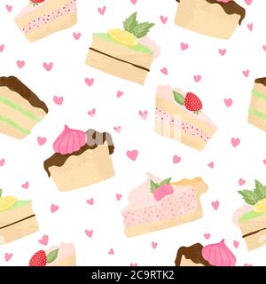 Vari pezzi di torta e cheesecake vettore modello senza giunture in stile cartoni piatti. Felice torta di compleanno sfondo con frutta e frutti di bosco. Cute colo Illustrazione Vettoriale