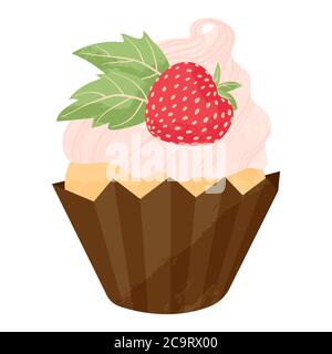 Cupcake o muffin estratti a mano con fragola e panna montata. Illustrazione di cartoni animati vettoriali in disegno piano. Elemento per biglietti d'auguri, poster Illustrazione Vettoriale