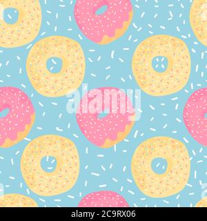 Donuts motivo senza cuciture su sfondo blu con macchie bianche. Dessert sfondo vettoriale in stile cartoni animati piatti. Design colorato per il tessuto, wallpa Illustrazione Vettoriale