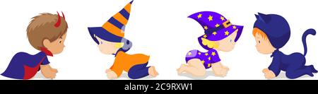 carino felici bambini in diversi coloratissimi costumi halloween set Illustrazione Vettoriale