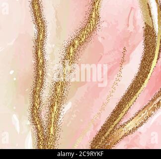 Sfondo creativo astratto acquerello. Carta digitale sottile color rosa pastello, arte in resina in vettoriale. Grunge vintage morbido flusso liquido in rosa e oro Illustrazione Vettoriale