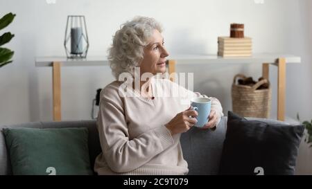 Donna anziana seduta sul divano che tiene la tazza che si rilassa a casa Foto Stock