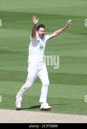 Hove, Regno Unito. 02 agosto 2020. Hampshire's Ian Holland celebra il licenziamento di Tom Haines di Sussex durante il secondo giorno del Bob Willis Trophy tra Sussex e Hampshire al 1 ° terreno della contea centrale. Credit: James Boardman/Alamy Live News Foto Stock