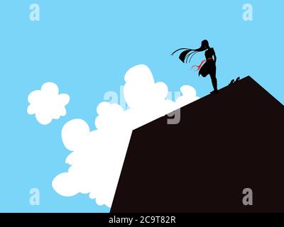 Illustrazione di una donna che si trova sul bordo di un alto edificio che contempla il suicidio Foto Stock