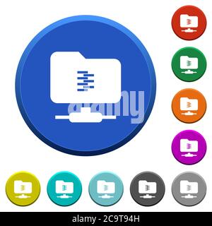 Pulsanti smussati a colori rotondi con compressione FTP con superfici lisce e icone bianche piatte Illustrazione Vettoriale