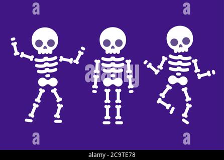 Divertente scheletro da ballo cartoon, semplice illustrazione piatta. Cute Halloween clipart grafica. Illustrazione Vettoriale