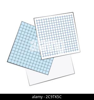 Nota: I fogli bianchi di carta squadrata si stende sulla superficie, illustrazione isolata. Flat Lay vuote pagine di note aziendali digitali.Top view blocchi appunti quadrati. Foto Stock