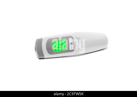 Termometro a infrarossi senza contatto. Termometro digitale per il corpo che mostra una bassa temperatura sul display verde isolato su sfondo bianco. No febbre, test o Foto Stock