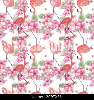 Design floreale senza cuciture con fiori rosa e fenicotteri per lo sfondo, motivo senza fine. Foto Stock