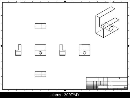 Disegno tecnico con viste prospettiche e ortogonali con timbro Illustrazione Vettoriale