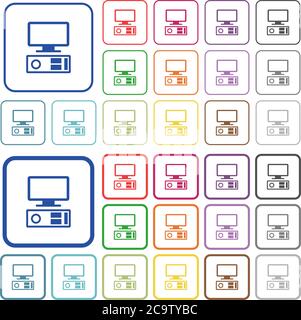 Icone piatte a colori del vecchio personal computer in cornici quadrate arrotondate. Versioni sottili e spesse incluse. Illustrazione Vettoriale