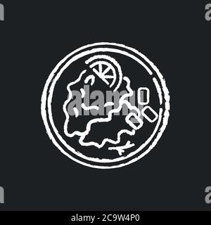 Wiener schnitzel gesso icona bianca su sfondo nero. Piatto di carne tedesco. Ricetta tradizionale europea per i pasti. Ingrediente di patate per cucinare. Ristorante m Illustrazione Vettoriale