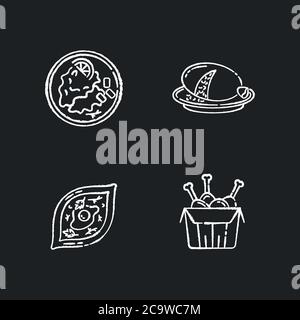 Fast food con icone bianche in gesso su sfondo nero. Haggis scozzesi. Wiener schnitzel. Khachapuri georgiano. Pollo Tandoori. Cibo spazzatura fritto. Isolat Illustrazione Vettoriale