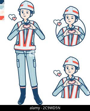 Un uomo che indossa un abbigliamento da lavoro con la creazione di un simbolo del cuore con immagini a mano. È arte vettoriale, quindi è facile da modificare. Illustrazione Vettoriale