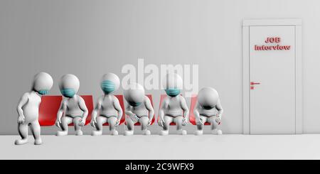 Persone con maschere che si sentono tristi in attesa accanto alla porta per il concetto di intervista di lavoro 3d rendering Foto Stock