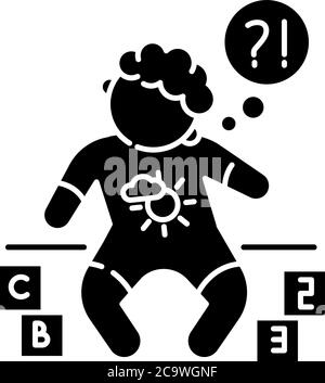 Icona glifo nero del ritardo dello sviluppo. Bambino con difficoltà di apprendimento. Problema di capacità cognitiva. Bambino con disabilità genetica cronica. Silhouette s Illustrazione Vettoriale