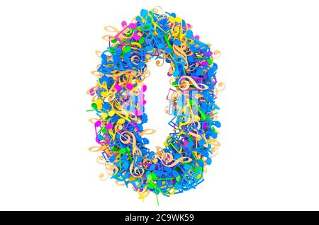Numero 0 da note musicali colorate. Rendering 3D isolato su sfondo bianco Foto Stock