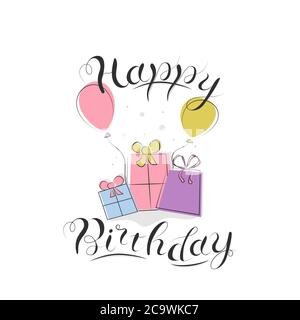 Carino felice disegno della scheda di compleanno con i regali ed i palloncini ed il testo disegnato a mano Illustrazione Vettoriale