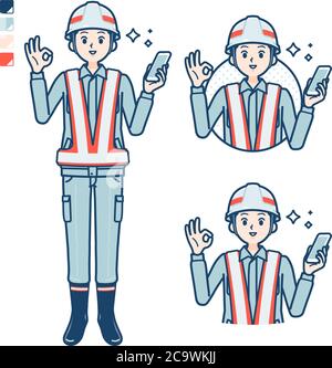 Un uomo che indossa un abbigliamento da lavoro con tenere uno smartphone e fare un OK segno immagini. È arte vettoriale, quindi è facile da modificare. Illustrazione Vettoriale