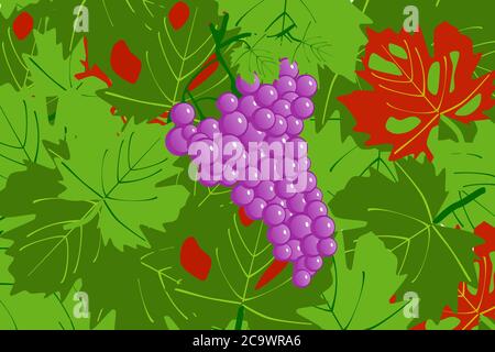 illustrazione di un mazzo di uve con foglie sullo sfondo Illustrazione Vettoriale
