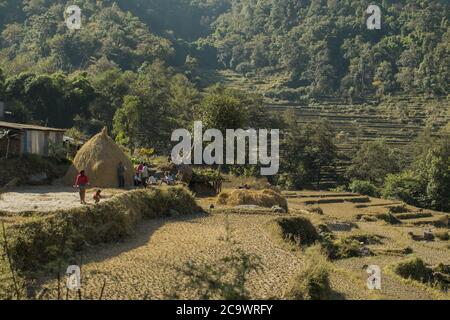 Famiglia in una fattoria rurale sulle montagne nepalesi, circuito Annapurna, Nepal Foto Stock