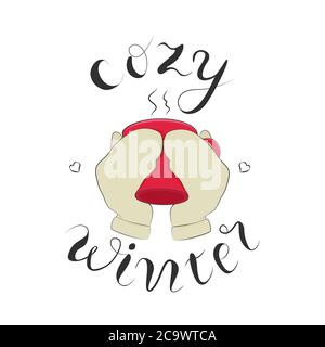 Accogliente citazione del mattino disegnata a mano, tazza di caffè caldo nelle mani in mittens. Illustrazione Vettoriale