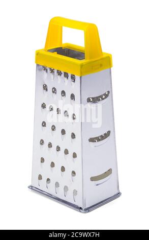 Grattugia di formaggio di metallo isolato su sfondo bianco. Foto Stock