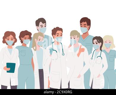 Personaggi di simpatici medici e infermieri che indossano la faccia chirurgica maschera maschile e femminile di medicina lavoratori flat vettore illustrazione Illustrazione Vettoriale