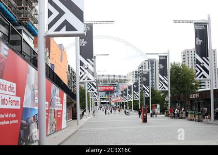 Wembley, Regno Unito. 01 agosto 2020. Un modo molto tranquillo di Wembley all'incontro finale della fa Cup di Emirates Arsenal contro Chelsea, al Wembley Stadium, Londra, Regno Unito il 1 agosto 2020. La partita viene giocata a porte chiuse a causa dell'attuale pandemia di Coronavirus COVID-19 e delle restrizioni di blocco/allontanamento sociale del governo. Credit: Paul Marriott/Alamy Live News Foto Stock