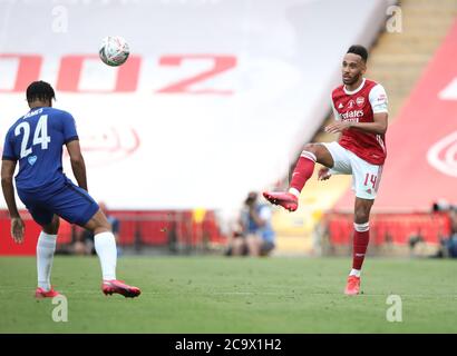 Wembley, Regno Unito. 01 agosto 2020. Pierre-Emerick Aubageyang (A) al match finale della Coppa Emirates fa Arsenal contro Chelsea, al Wembley Stadium, Londra, Regno Unito, il 1° agosto 2020. La partita viene giocata a porte chiuse a causa dell'attuale pandemia di Coronavirus COVID-19 e delle restrizioni di blocco/allontanamento sociale del governo. Credit: Paul Marriott/Alamy Live News Foto Stock