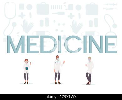 Personaggi di simpatici medici e infermieri che indossano la faccia chirurgica maschera maschile e femminile di medicina lavoratori flat vettore illustrazione Illustrazione Vettoriale