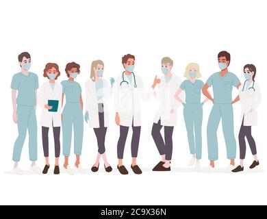 Personaggi di simpatici medici e infermieri che indossano la faccia chirurgica maschera maschile e femminile di medicina lavoratori flat vettore illustrazione Illustrazione Vettoriale