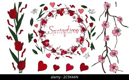 Bella collezione primaverile di arti con rami sakura, tulipani, cuori, scritte e corona su sfondo bianco Illustrazione Vettoriale