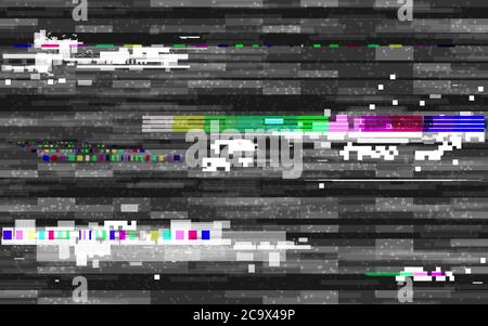Glitch digitale con distorsione dei colori. Sfondo VHS retro. Linee glitched e rumore dei pixel. Nessun modello di segnale. TV in bianco e nero. Vettore Illustrazione Vettoriale