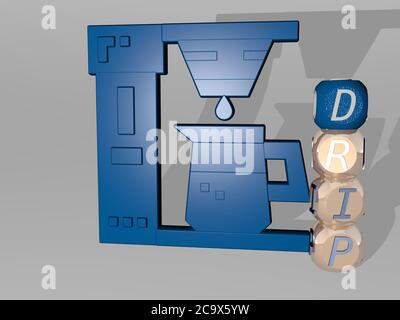 Rappresentazione 3D del GOCCIOLAMENTO con icona sulla parete e testo disposto da lettere cubiche metalliche su un pavimento a specchio per significato concettuale e presentazione slideshow. Sfondo e illustrazione Foto Stock