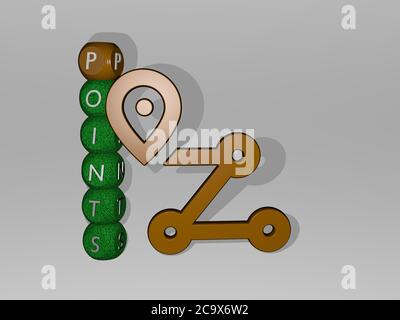 Rappresentazione 3D di punti con icona sulla parete e testo disposto da lettere cubiche metalliche su un pavimento a specchio per significato concettuale e presentazione slideshow. Illustrazione e sfondo Foto Stock