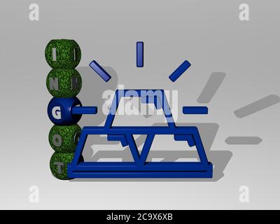 Immagine grafica 3D dell'INGOT in verticale insieme al testo costruito intorno all'icona da lettere cubiche metalliche dalla prospettiva superiore. Eccellente per la presentazione concettuale e le presentazioni. oro e. Foto Stock