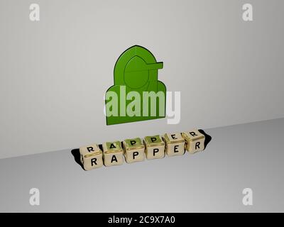 Rappresentazione in 3D del RAPPER con icona sulla parete e testo disposto da lettere cubiche metalliche su un pavimento a specchio per il significato concettuale e presentazione slideshow. Illustrazione e nero Foto Stock