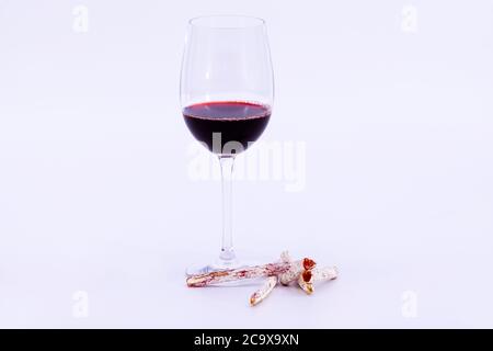 Primo piano di un bicchiere di vino con alcuni deliziosi pezzi tradizionali spagnoli di fuet su uno sfondo chiaro. Cucina tradizionale e stile di vita. Foto Stock