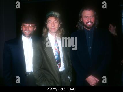 Beverly Hills, California, USA 27 Febbraio 1996 i musicisti Maurice Gibb, Robin Gibb e Barry Gibb partecipano al 38° Premio annuale Grammy preparty ospitato da Clive Davis il 27 Febbraio 1996 al Beverly Hills Hotel di Beverly Hills, California, USA. Foto di Barry King/Alamy Stock foto Foto Stock