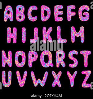 Alfabeto al neon doodle disegnato a mano. Design delle lettere in inglese. Lettere di stile minimale, disegno tipografico. Set trendy disegnato a mano. Design semplice e moderno di cartoni animati Illustrazione Vettoriale