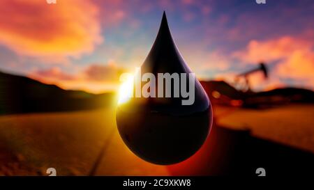 Мineral olio goccia sul tramonto. Concetto di crisi petrolifera. illustrazione 3d Foto Stock